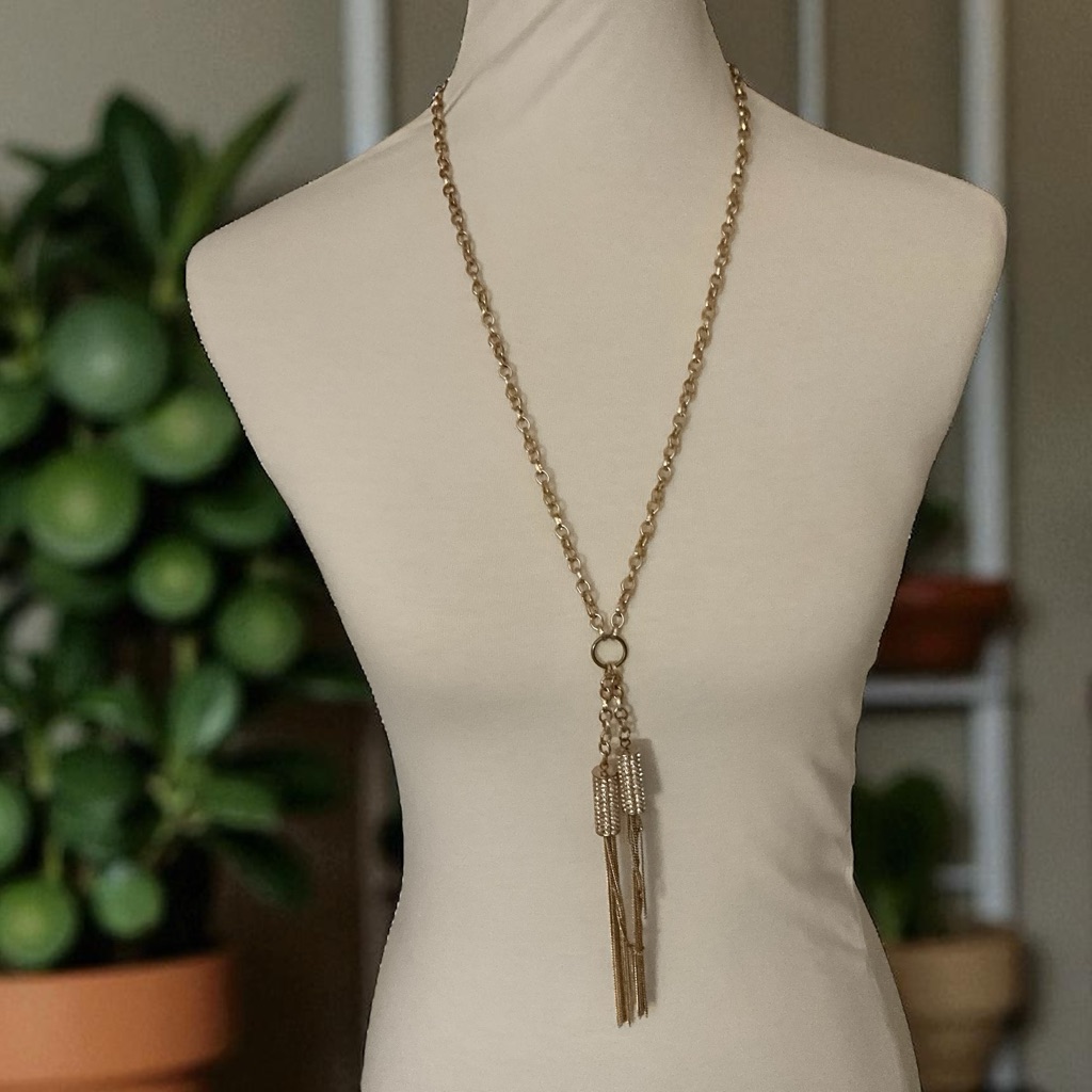 Sparkly Clear Stones And Gold Toned Metal Y Style Tassel Necklace